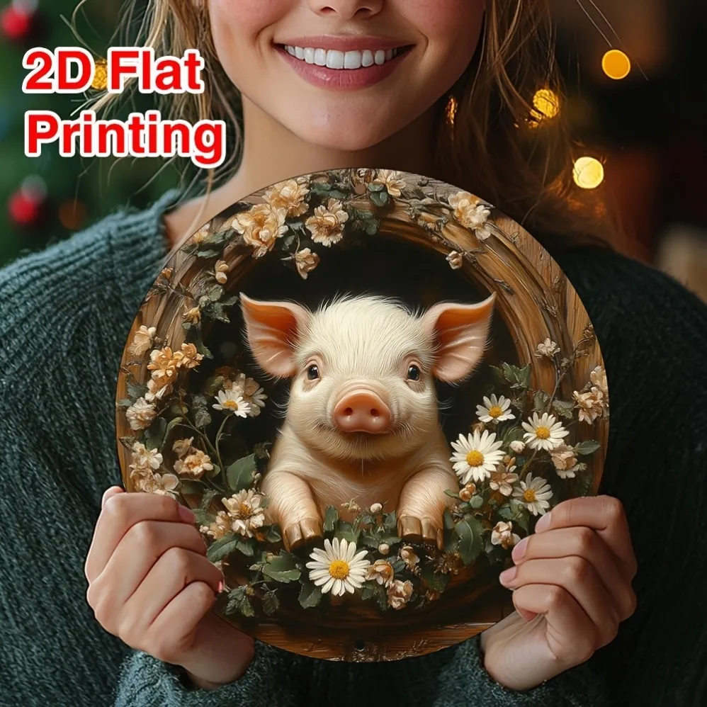 

2D Flat Vintage Farmhouse Pig and Wreath Metal Wall Decoration-Rustic Kitchen,Smooth Surface, Handcrafted,Home Decorative Panel