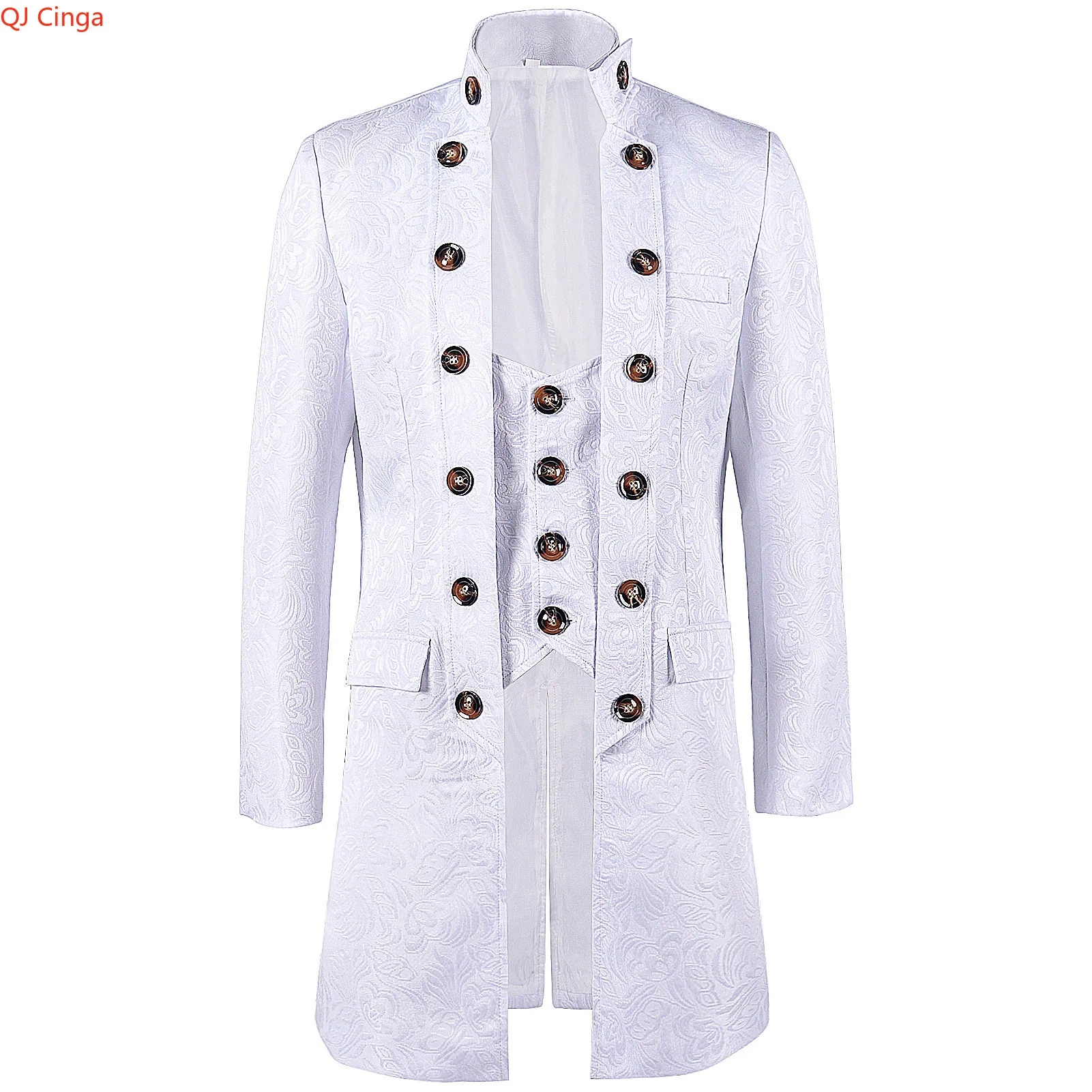 秋のメンズブラックトレンチコート、ヨーロッパ中世ヴィンテージスタイルのロングジャケット、白いジャカード生地のオーバーコート。