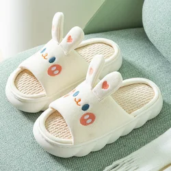 Women Cute Rabbit Linen Slippers Home Antiskid Sweat Wicking Funny Slippers Indoor Soft Slides Summer Indoor Shoes