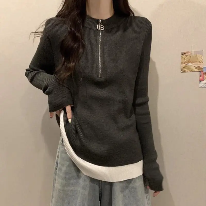 2024 Spring Autumn Women\'s Spliced V-neck Zipper Screw Thread Fashion Solid Loose Fake Two Piece Casual Long Sleeve Knitted Top