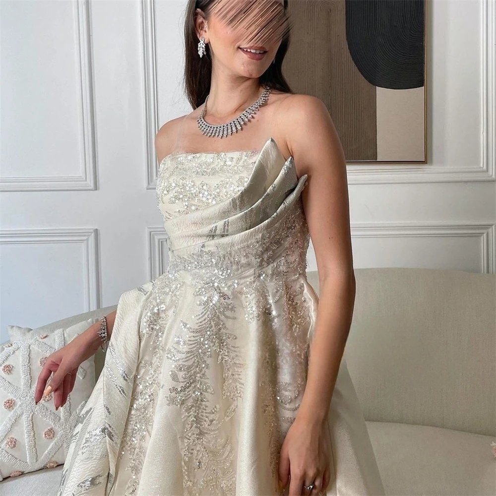 Customized Satin Sequined Beading Applique Ruched Clubbing A-line Strapless Bespoke Occasion Gown Long Dresses