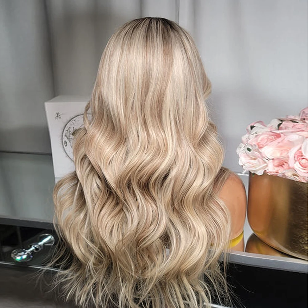 Dirty Creamy Balayage Blonde Long Wavy Wig Rooted Ombré Virgin Human Hair Wig HD Invisible 150% Density Luxury Lace Front Wig