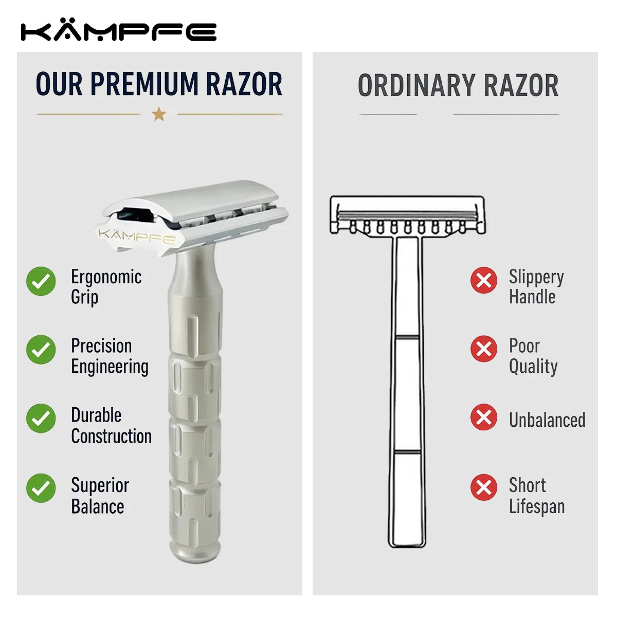 KAMPFE Manual Safety Razor Handle CNC Precision Machined 6 Adjustable Settings Reusable for Men Double Edge Razor