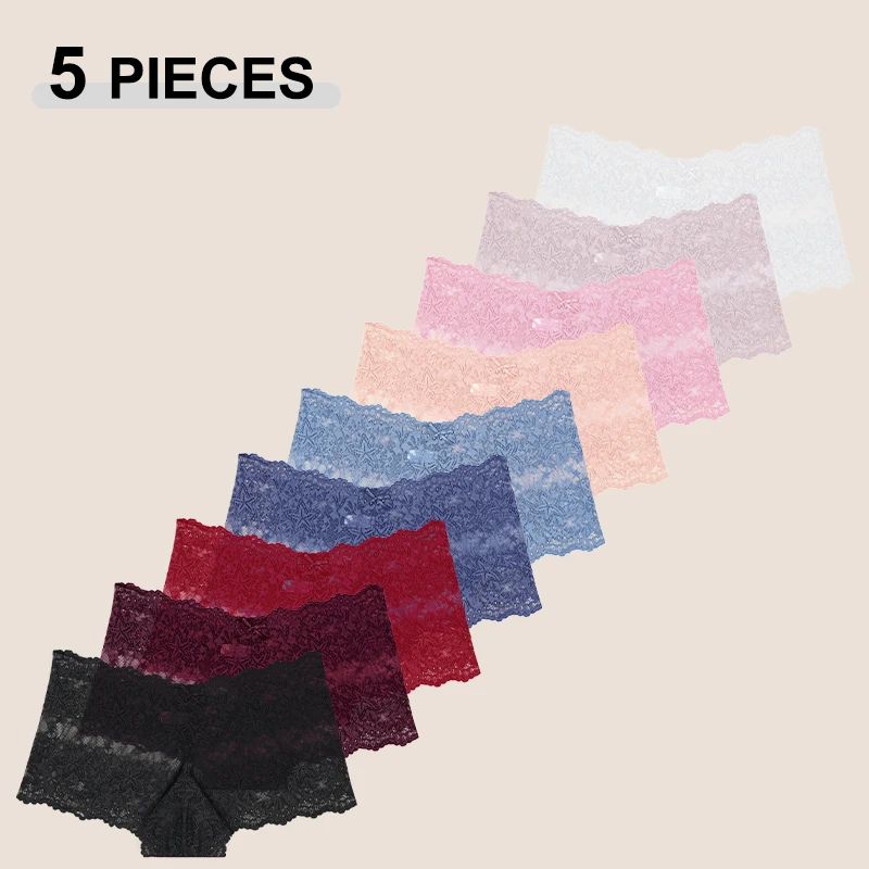 5 pz/set sexy pizzo prospettiva mutandine tinta unita scava fuori vita alta stella boyshort femminile elastico trasparente boxer