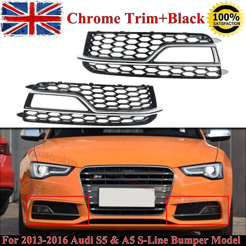 

2X Chrome+Black Honeycomb Fog Light Grille Cover For Audi A5 S-Line S5 2013-2017