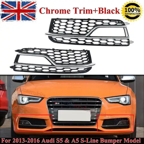 2X Chrome+Black Honeycomb Fog Light Grille Cover For Audi A5 S-Line S5 2013-2017