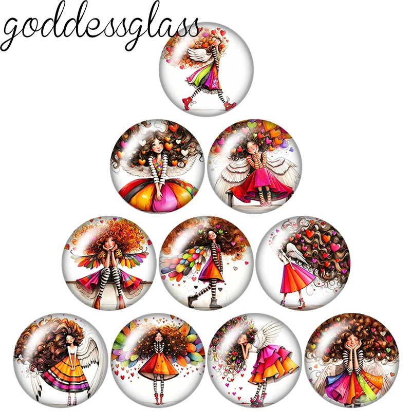 Hearts Love Hair Wings Girl Fairy Girl 12mm/18mm/20mm/25mm Round photo glass cabochon flat back Making findings Jewelry