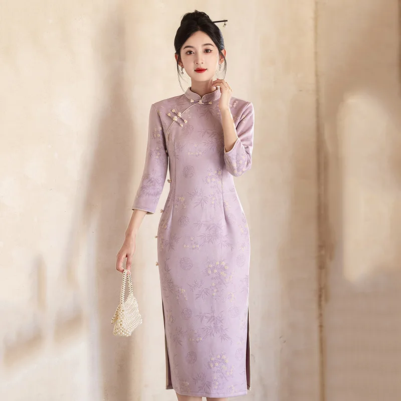 

Purple Chinese Style Long Modified Long Sleeved Cheongsam Autumn 2025 New Item for Young Women Retro Slim Fit Qipao