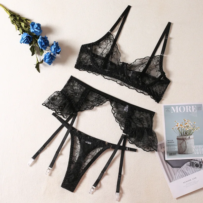

Bikini See Through Ruffled Underwire Sexy Erotic Lingerie Three Piece Set