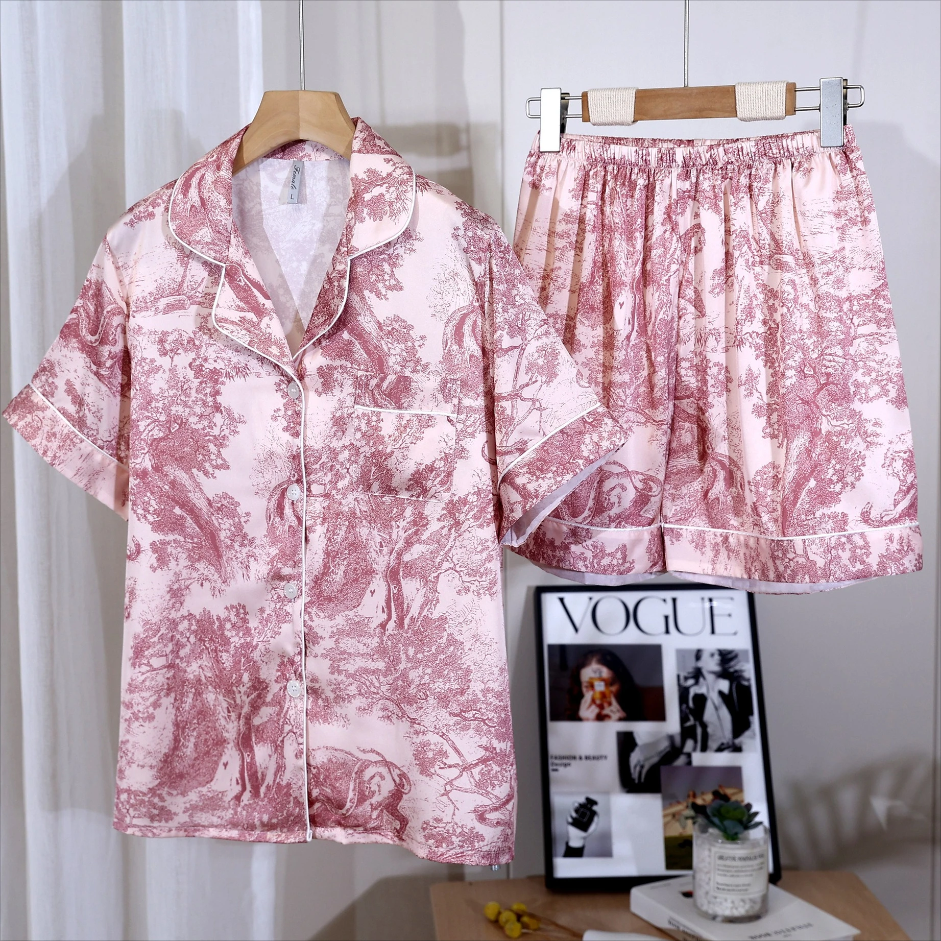 

Комплект пижамы из двух предметов с отложным воротником, с коротким рукавом, женская вискозная одежда для сна, летний комплект пижам с принтом, ночная одежда