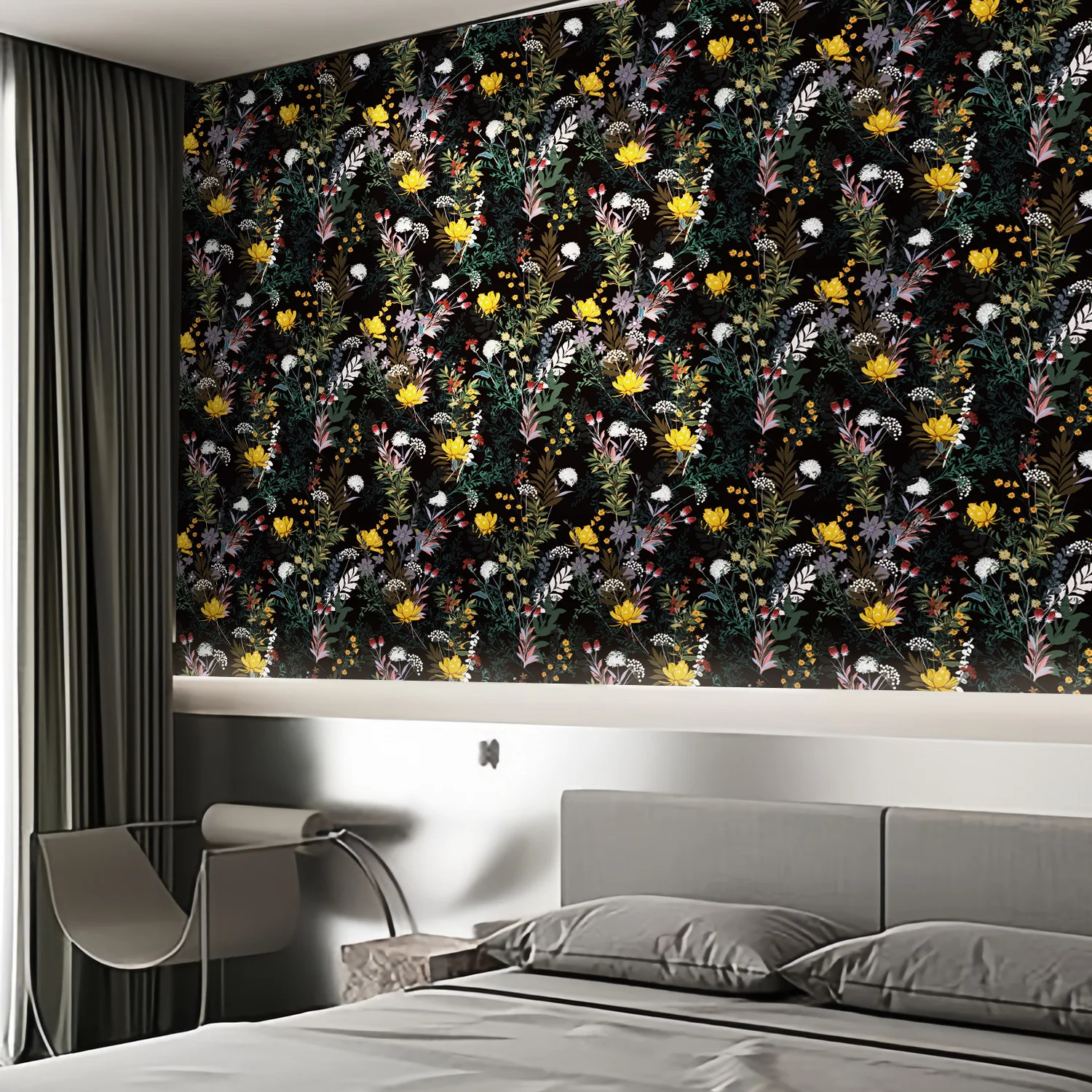 Floral Peel and Stick Wallpaper Boho Removable Black Wall Paper for Bedroom Dark Wild Flowers Self Adhesive Contact Paper Renter