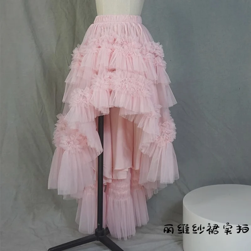 Asymmetric Mesh Puffy Skirt for Summer Travel Fluffy Womens skirt large Hem Short Front long Back Womens Fairy skirts