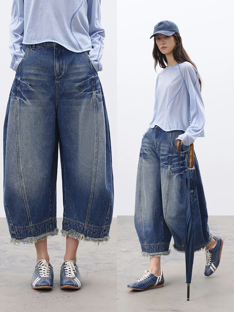 

Женские джинсы из чистого хлопка, свободные, повседневные, с эффектом потертости, весна 2026, винтажные, с широкими штанинами, с завышенной талией, прямые