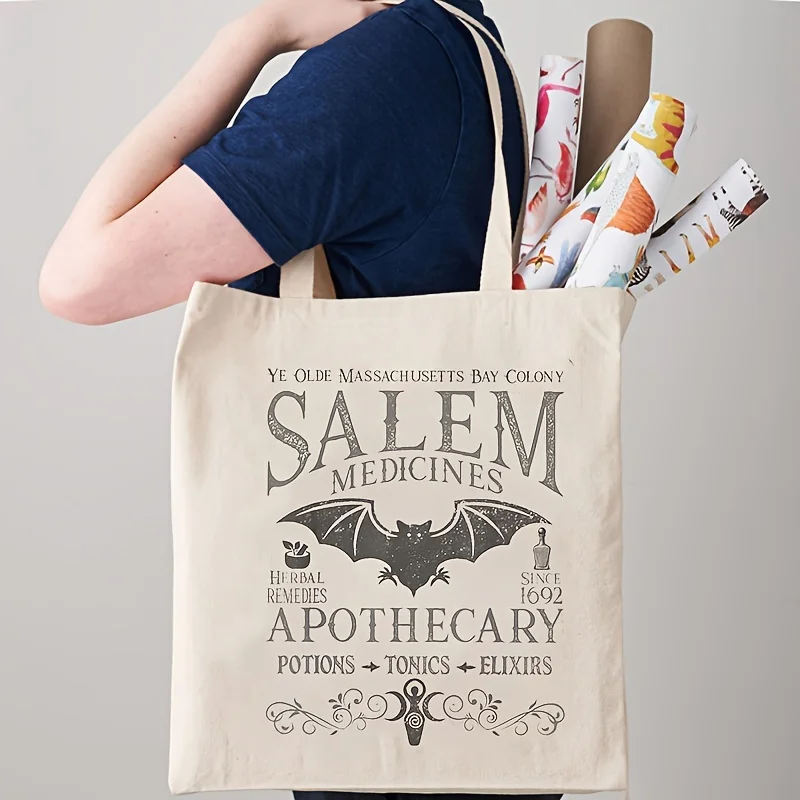 1pc Canvas Shopping Bag, Portable Shoulder Bag, Trendy Large Capacity Tote Bag For Daily Life