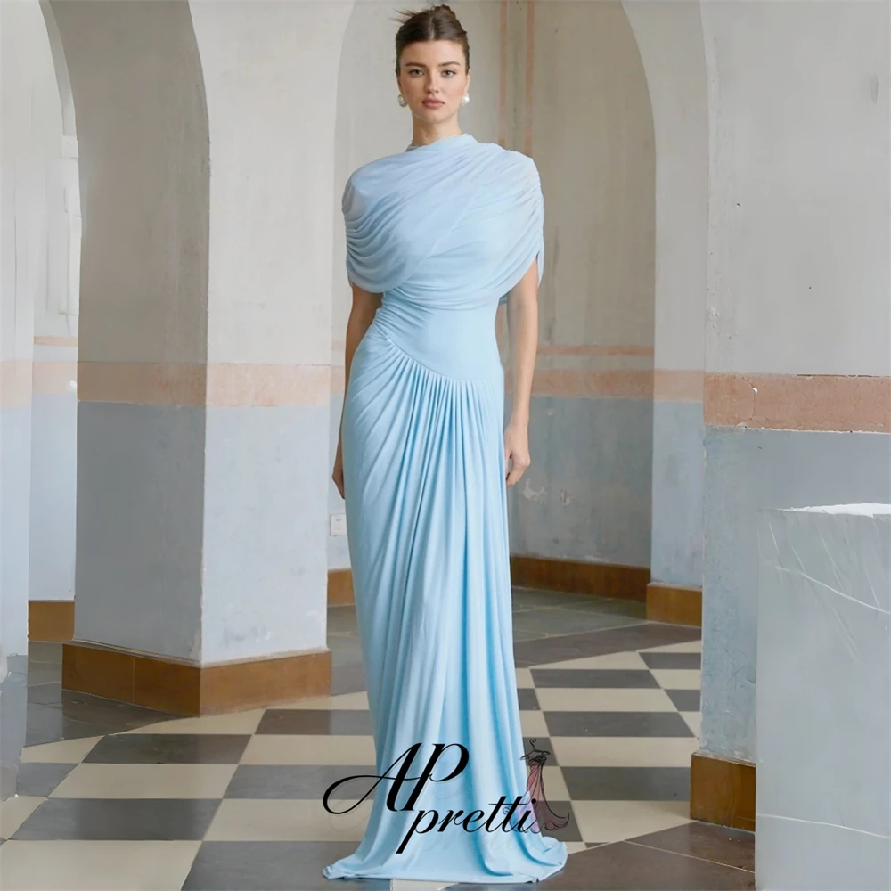 AP pretti Vintage Blue High Neck Short Sleeve Evening Dress Customized Draped Ruched Jersey Flowy Floor Length Formal Party Gown
