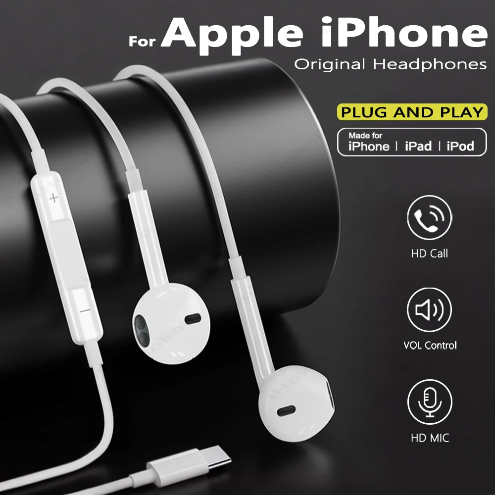

Original Headphones For Apple iPhone 17 16 15 14 11 12 13 Pro Max Earphones XR X XS 8 7 6 Plus Wired Earbuds Headset Accessories