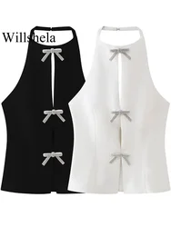 Willshela Women Fashion With Diamond Bow Solid Side Zipper Backless Tops Vintage Halter Neck Sleeveless Female Chic Lady Tops