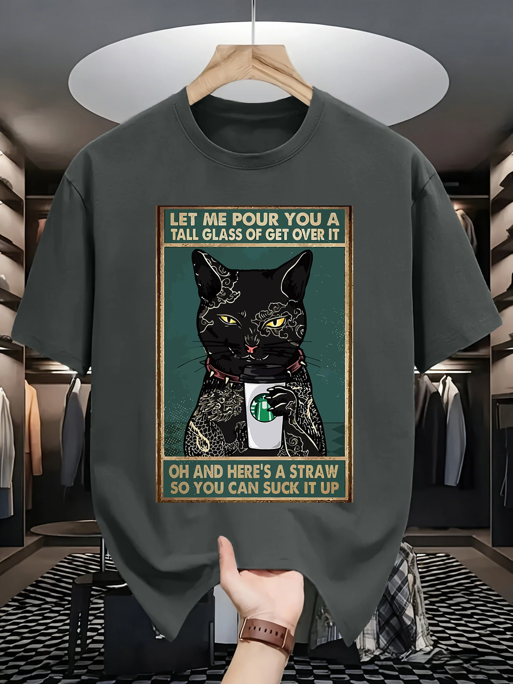 Let Cat Four You A Tall Glass Design Beach T Shirt Man All-Natch Hip Hop T-Shirts Trendy Cotton Sportswear Summer Loose Clothes