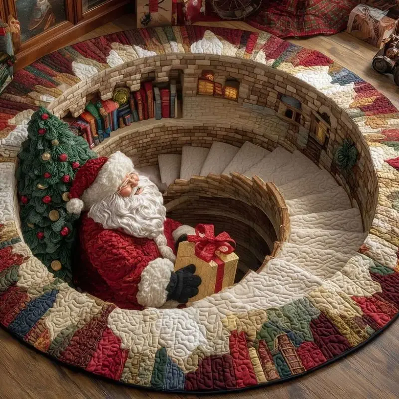 VIKAMA Christmas Santa Holding Gift Circular Area Rug Vintage Patchwork Quilt Style Round Washable Living Room Decor Carpet