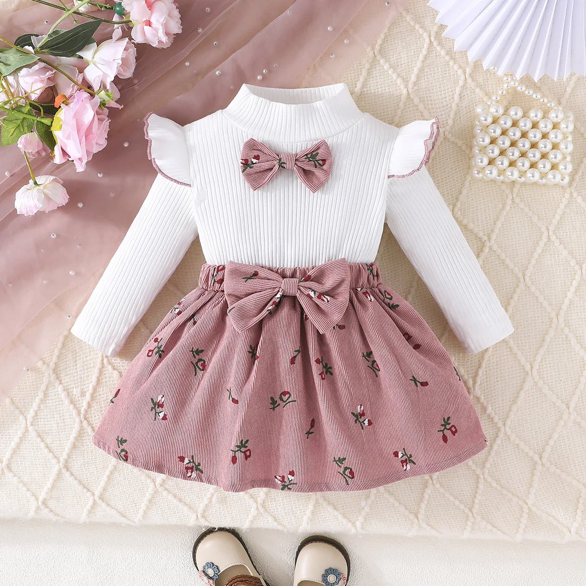 2024 New Children Sets Long Sleeve O Neck Bow T-shirt Embroidery Pink Skirts 2 Pcs Roupa Infantil Menina Clothes Sets 6M-3T