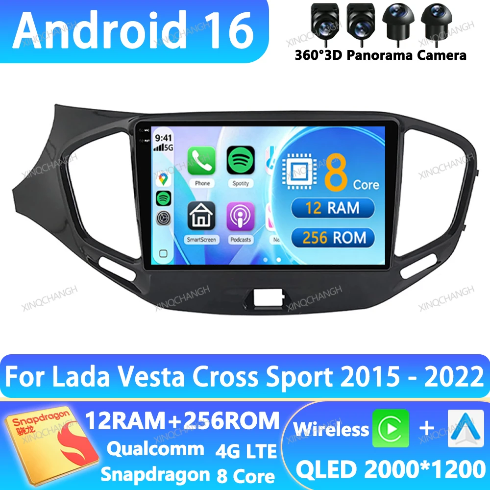 Android 16 Car Radio For LADA Vesta Cross Sport 2015 - 2022 QLED 2DIN BT Head Unit 4G WIFI Qualcomm Navigation GPS Navigation BT