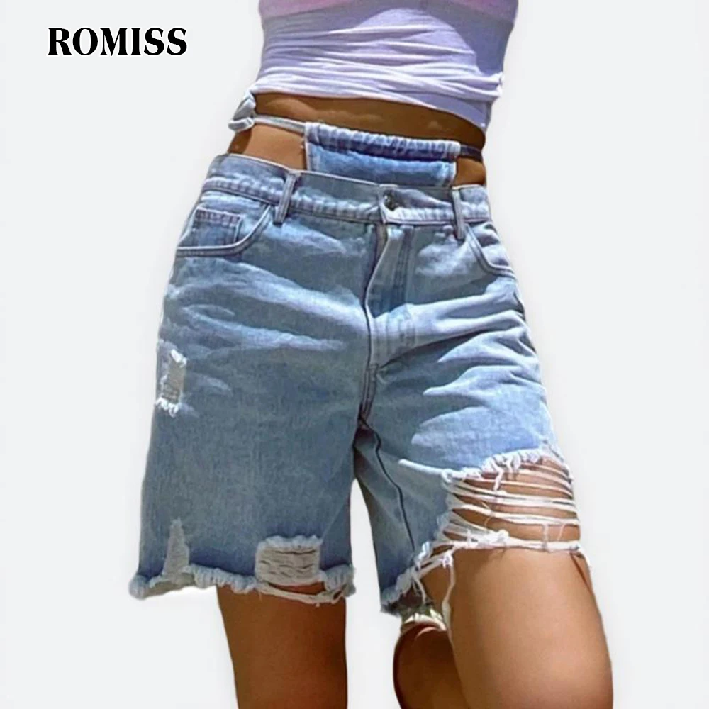 ROMISS  Casual Tassel Blue Denim Short For Women High Waist Lace Up Korean Loose Shorts Female 2022 Summer Fashion Clothing