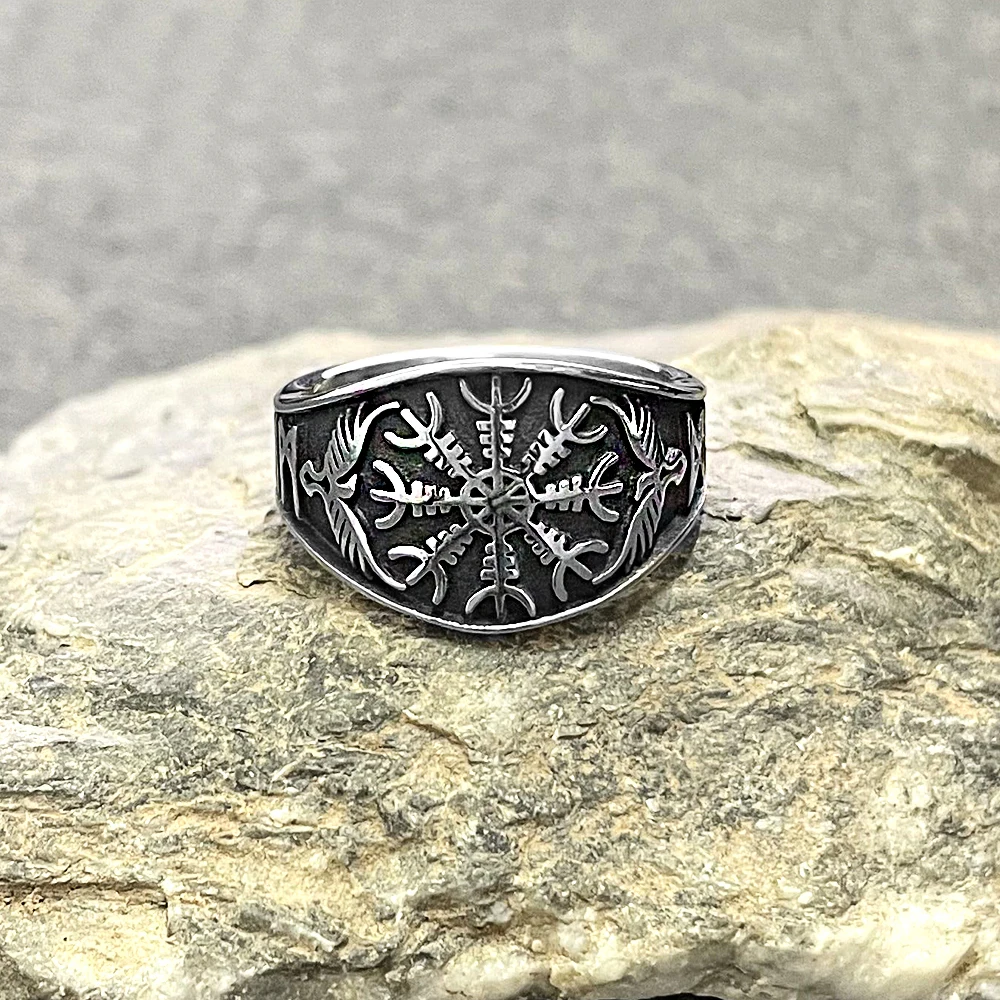 Vintage Vikings Runes Compass Rings Men Stainless Steel Norse Mythology Odin\'s Crow Futhark Finger Ring Pagan Talisman Jewelry