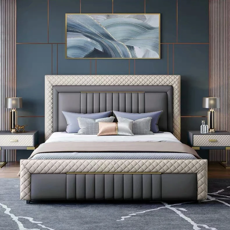 

Легкие роскошные кровати для спальни из натуральной кожи с функцией хранения вещей, изголовье кровати с тафтинговым подголовником