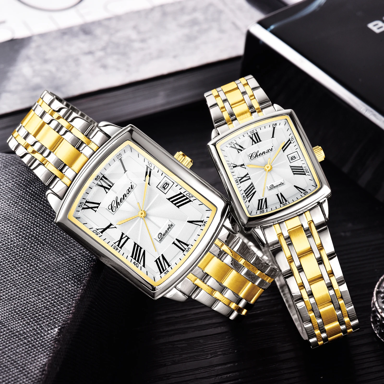 CHENXI 079 Couple Quartz Watch Calendar Waterproof Watches Gold Steel Strap Elegant Men Women Wristwatch reloj hombre