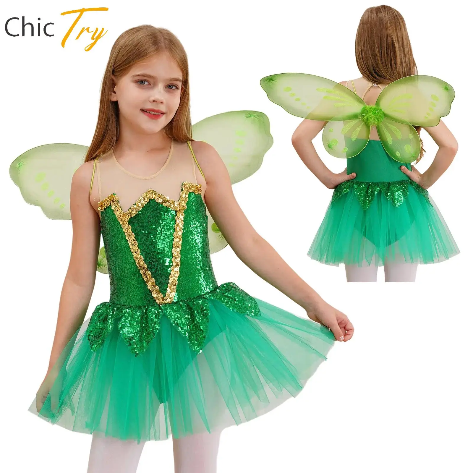 

Kids Girls Elf Cosplay Tutu Dance Skirt Costume Shiny Sequins Dress Dress Up Role Play Performance Stage Dress Halloween Clothes