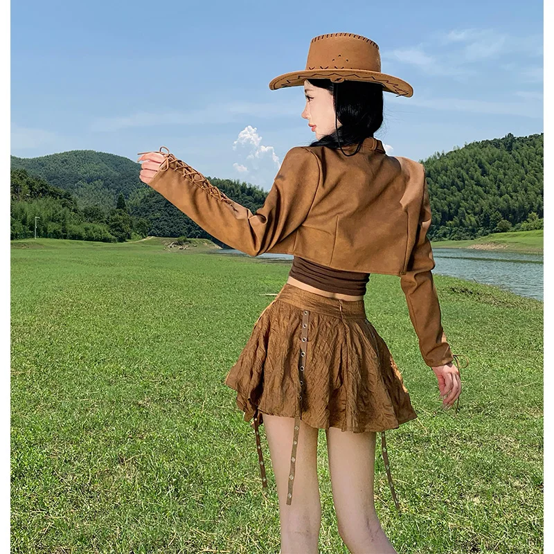 Cardigan Retro de Couro Marrom para Mulheres, Estilo Western Cowboy, Saia de Viagem com Franjas em Fibra de Poliéster