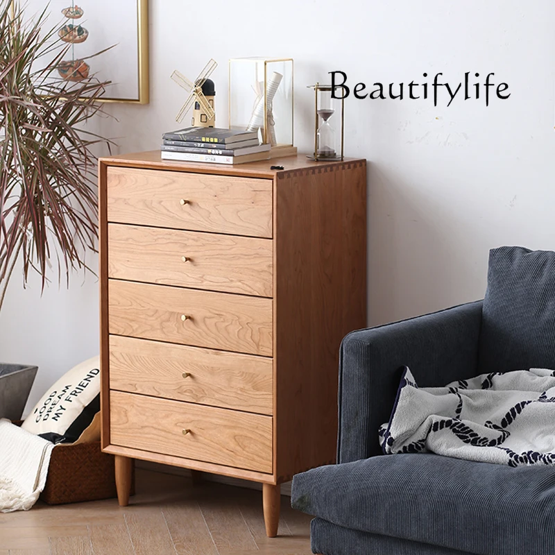 Nordic Cherrywood Five Buckets White Oak Japanese Bedroom Solid Wood Storage Organizer Chest of Drawer Log Furniture