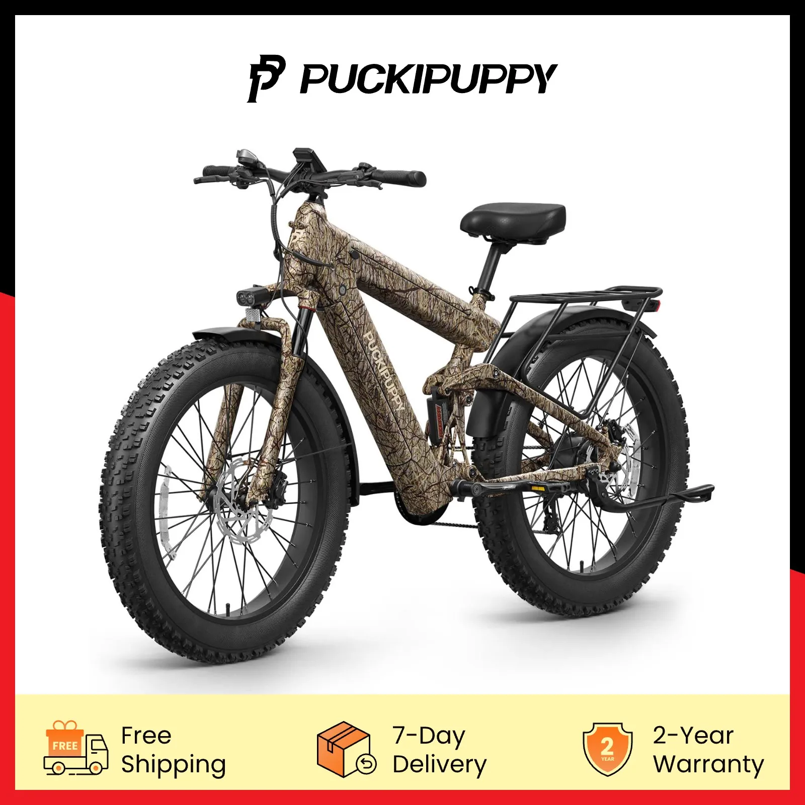 

PUCKIPUPPY 1350W 48V 30AH Dual Battery Ebike Electric Mountain Bike 26" Fat Tire 130 Miles Long Range Full Suspension E bike