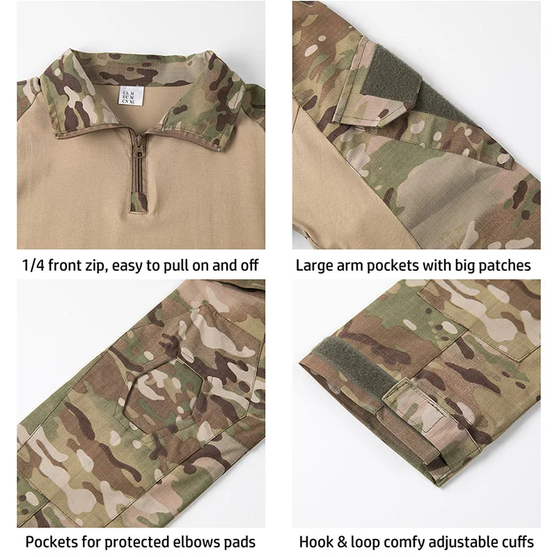 Men's Camouflage Tactical Shirt 1/4 Zip Long Sleeve Combat T Shirt Cotton Camo Uniform Airsoft Shirts