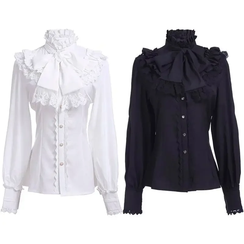 

Spring French Elegant Hepburn Style Shirt Women Solid Medieval Retro Lace Up Stand Blouse Gothic Y2k Vintage Tops Party Clothing