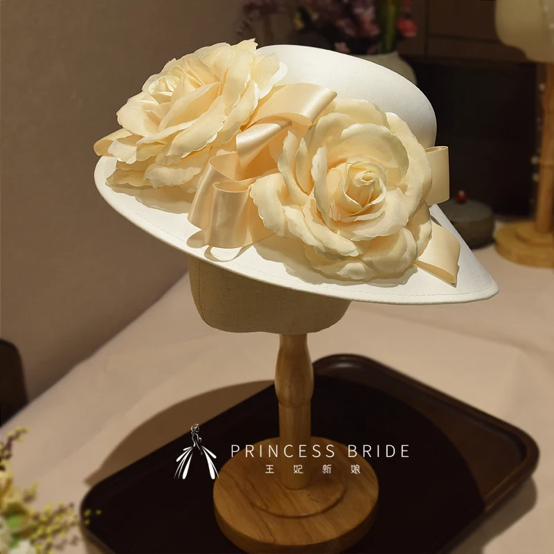 Original Design Large Flower Satin Fedoras Headwear British Style Ladies Fairy Banquet Derby Cocktail Party Formal Hat Headpiece