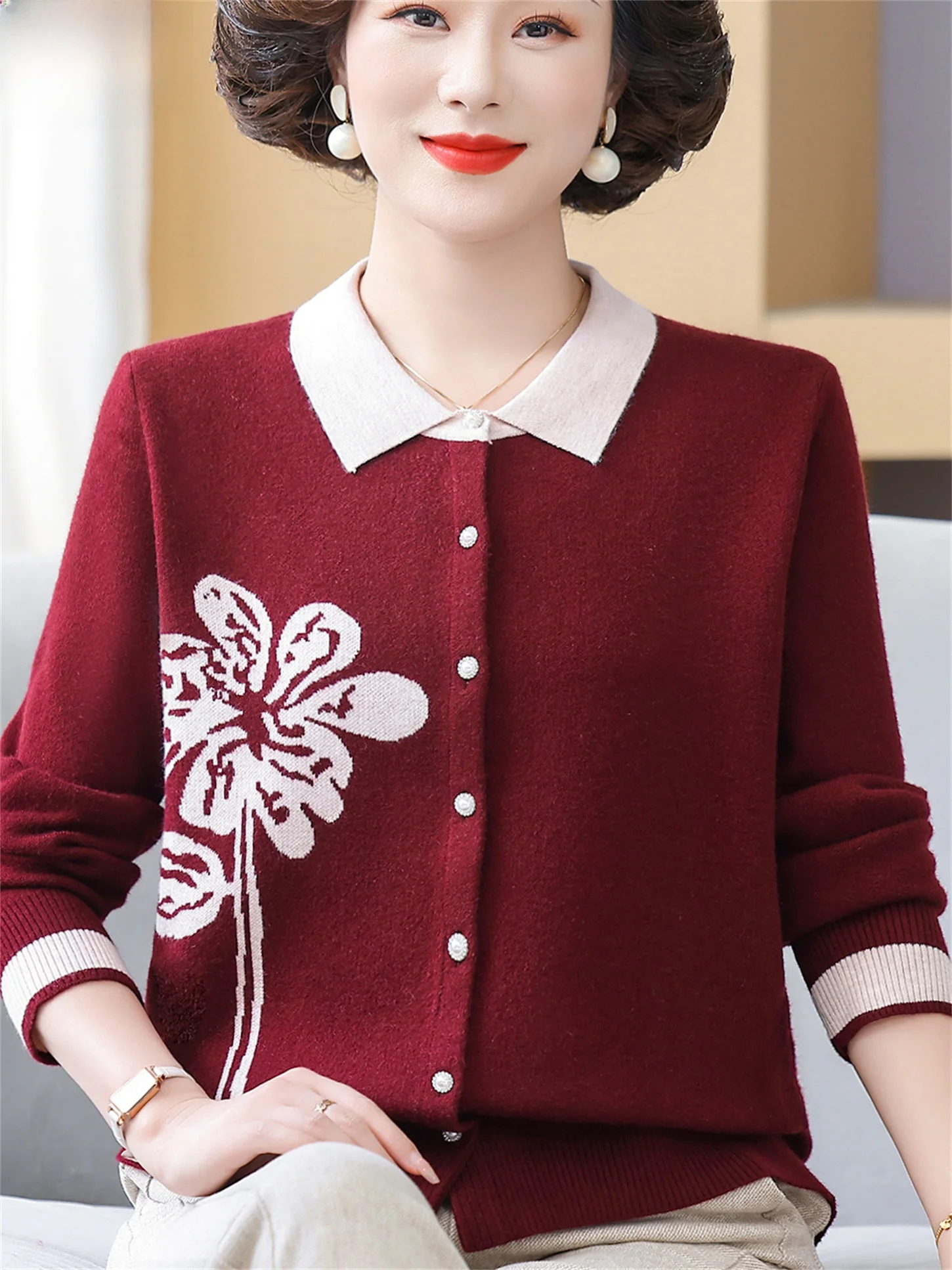 

Faionable Thin Knitted Woolen Sweater Loose Fit Collared Mommy Sle Top for Middle-Aged And ly Women Breathable Casua...