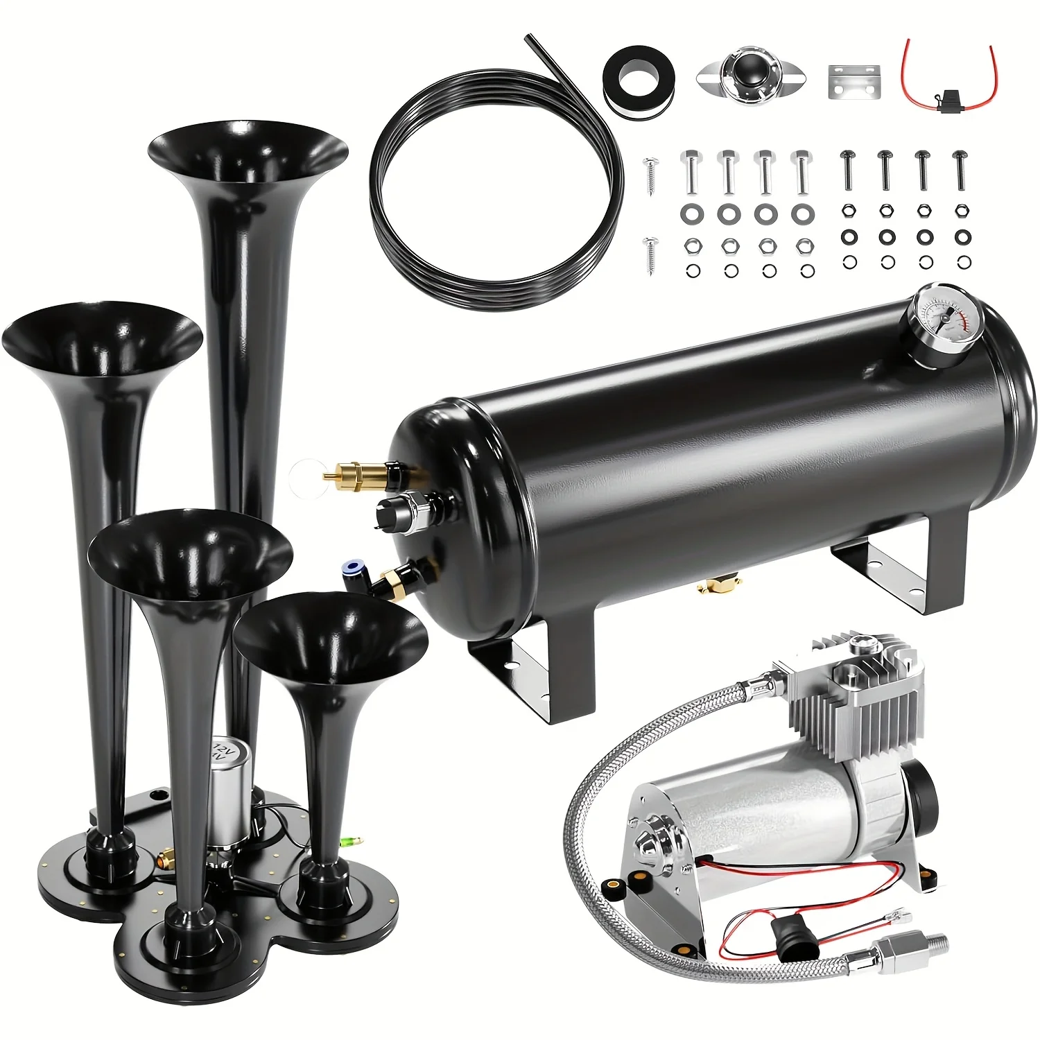 

135DB Train Air Horn Kit, 4 Trumpet Loud Train Horns Kit For 150 PSI 12V Air Compressor 1.59 Gallon For Trucks, Cars, Van Boats