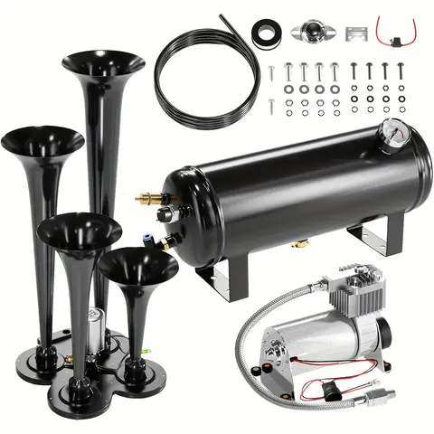135DB Train Air Horn Kit, 4 Trumpet Loud Train Horns Kit For 150 PSI 12V Air Compressor 1.59 Gallon For Trucks, Cars, Van Boats