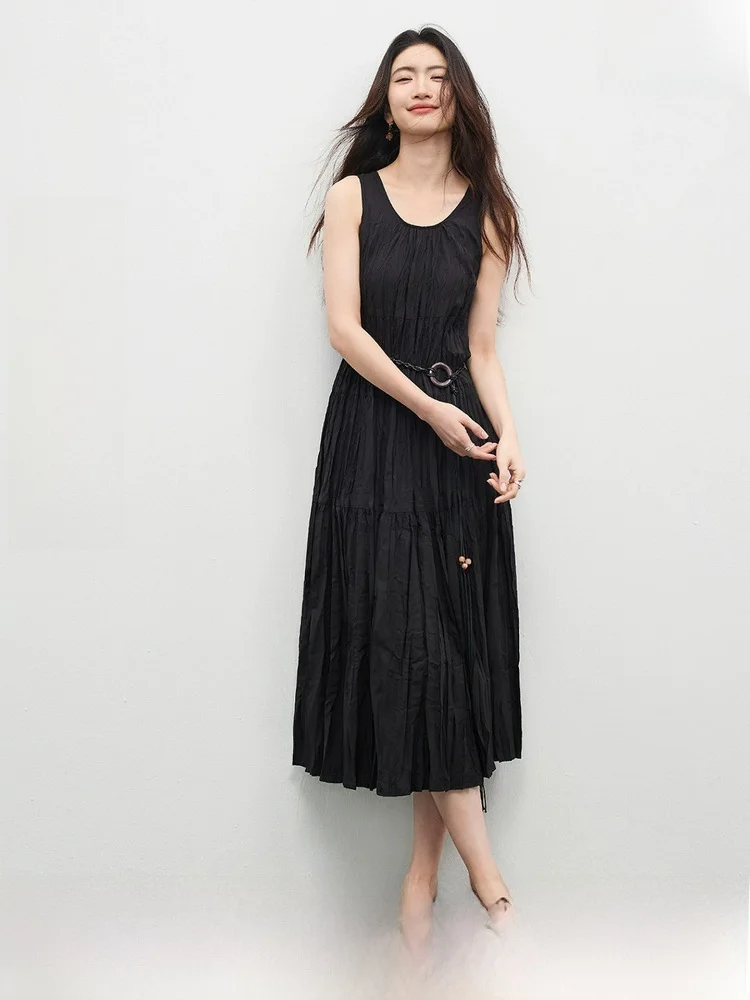 

Fashionable Long Lightweight Loose Slimming Square Collar Detachable Waist Belt Design Halter Dress Elegant Simple Style Spri...