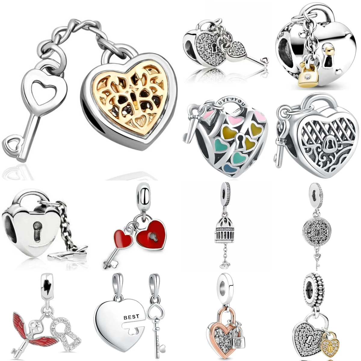 Beautiful 925 Silver Keys And Locks New Pendant Fit Original DIY Bracelet Necklace Valentine's Day Accessories Gift