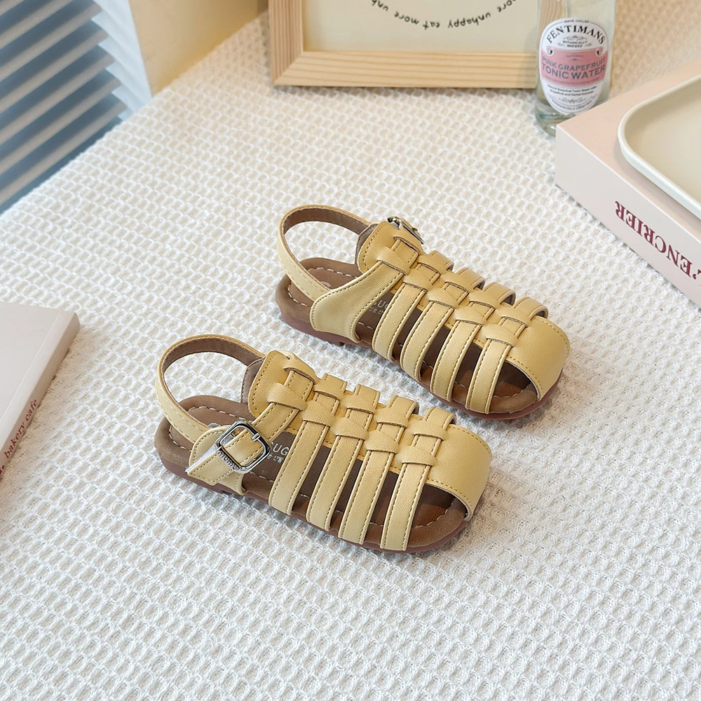 New Summer Children Sandals Leather Cut-outs Kids Roman Shoes Soft Sole Non-slip Toe Guard Fashion Toddler Girls Beach Sandals