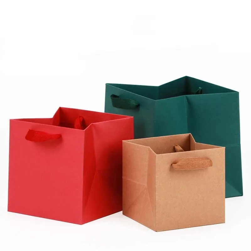 20Pcs Wedding Paper Cake Bag Gift Bags With Handle Square Potted Flowers Packing Box Birthday Party Cake Takeaway Flower Bag