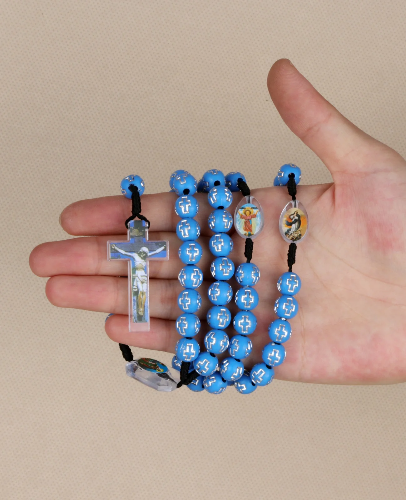 Cottvott Catholic Blue Acrylic Beads Rosary Necklace for Women & Men with INRI Cross Crucifix Pendant Charms Religious Gifts