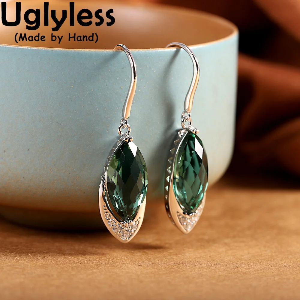 

Uglyless Facet Green Crystals Earrings for Women Elegant Water Drop Earring Exotic Lady Dress Jewelry Fashion Brincos 925 Silver