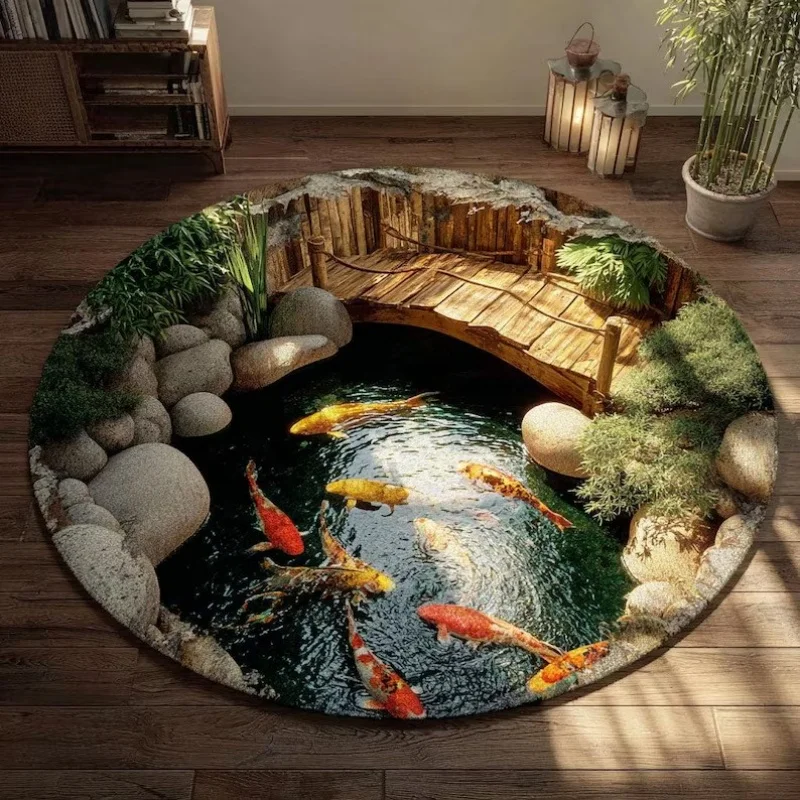 2D Cave Koi Pond Circular Printed Carpet Anti-slip Mat for The Living Room Area Bedside Carpet for The Bedroom Home Decoration