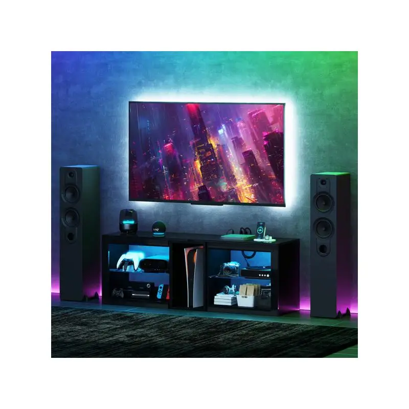 خزانة حامل تلفزيون لغرفة المعيشة، مركز ترفيه حديث مع مساحة تخزين، أرفف قابلة للتعديل، تناسب أجهزة التلفاز حتى 55 بوصة