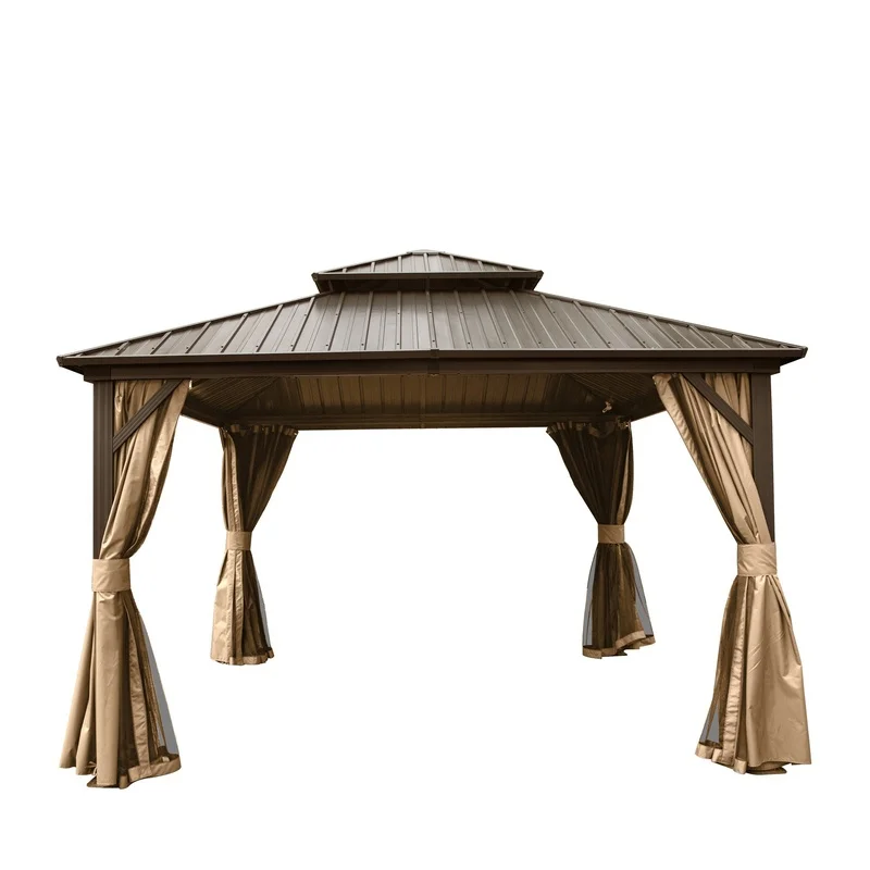 

12x12 ft Aluminum Hardtop Gazebo with Double Roof, Canopy, Curtains, Netting – Brown Outdoor Pavilion for Events, Dining, Weddings