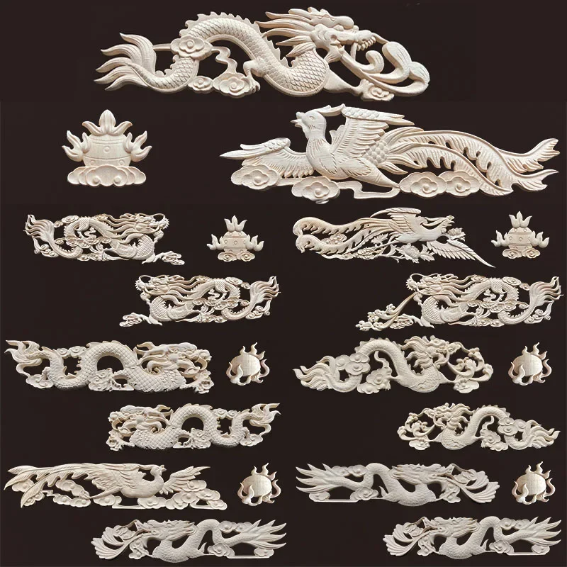 

Chinese Dragon Furniture Decoration Wood Appliques Woodcarving Onlays Wood Decal Vintage Decoration for Home Design Decal Floral