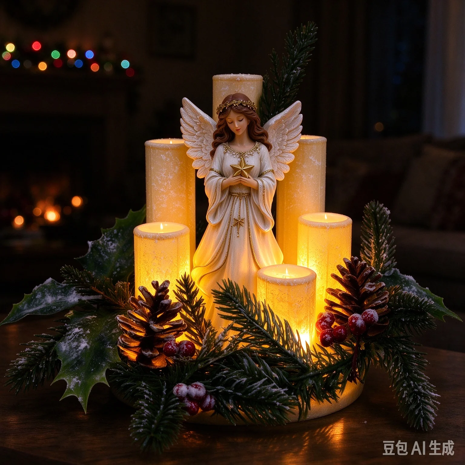 Christmas Angel Candle Light With Artificial Pine Branches Red Berries Pinecones Festive Tabletop Centerpiece Holiday Home Decor